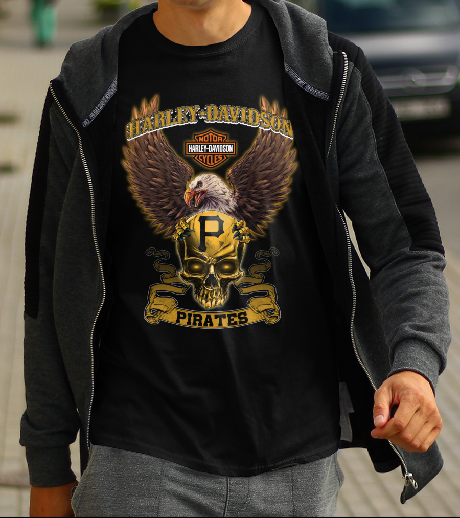 Harley Davidson Motor Cycles Skull Eagle Pittsburgh Pirates T-Shirt