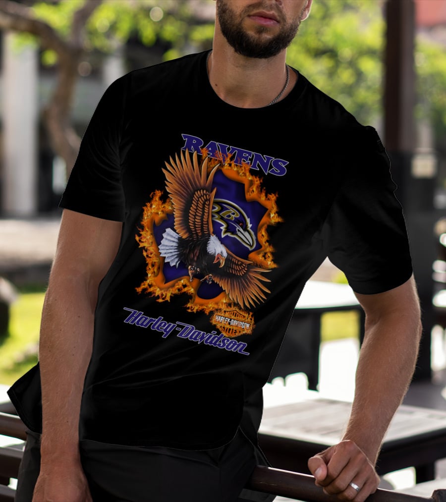 Ravens Harley Davidson Baltimore Ravens Logo Eagle Fire T-Shirt