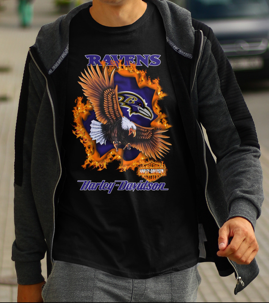 Ravens Harley Davidson Baltimore Ravens Logo Eagle Fire T-Shirt