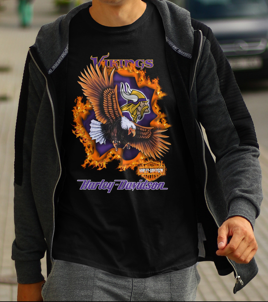 Vikings Harley Davidson Bald Eagle Fire T-Shirt