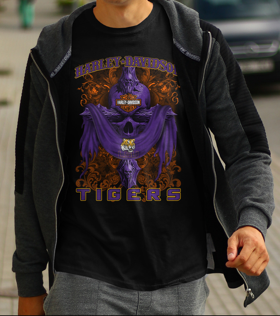 Harley Davidson Lsu Tigers Motorcycle Cycles Skull T-Shirt