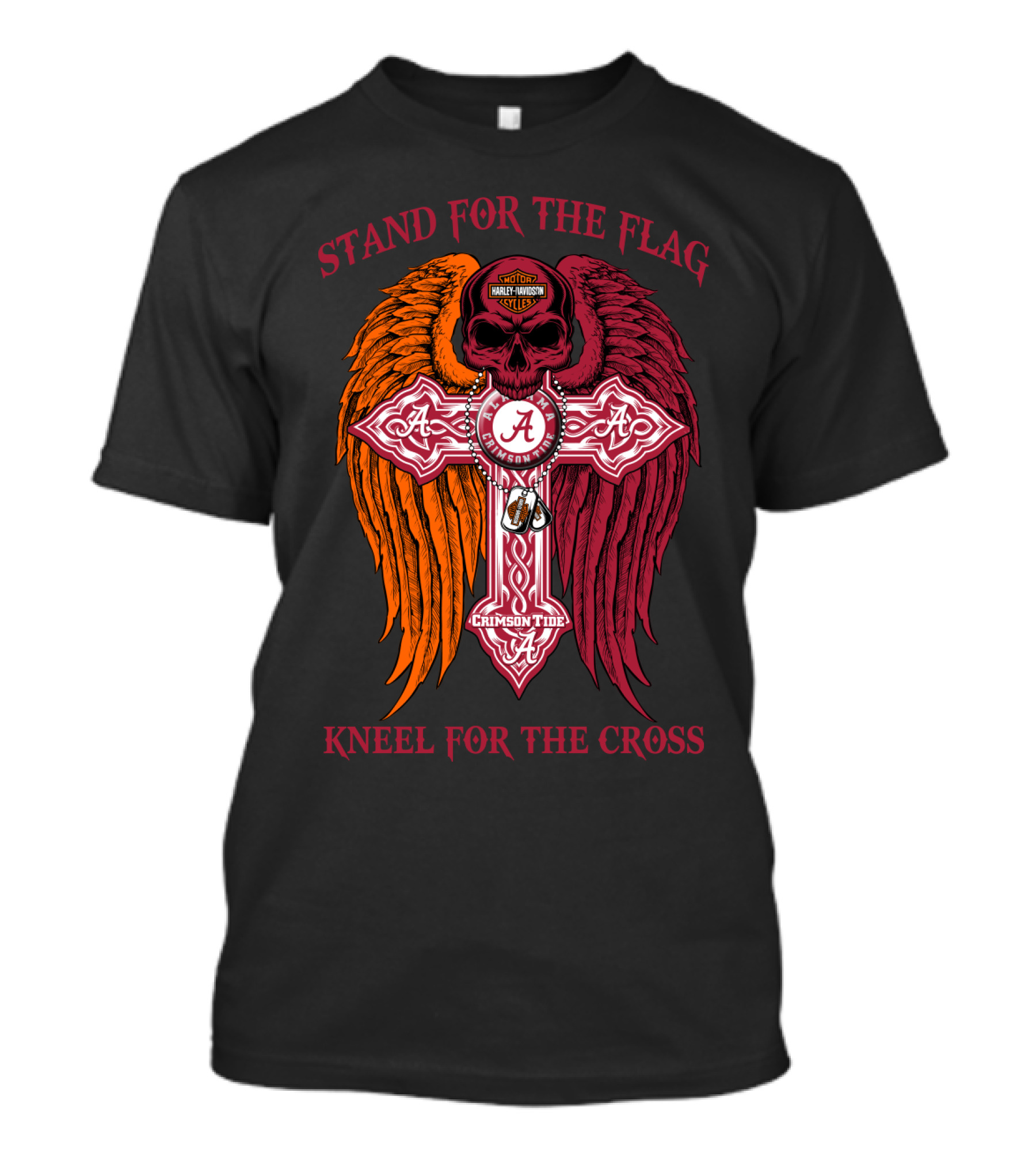 Stand For The Flag Kneel For The Cross Alabama Crimson Tide Harley Davidson Skulls Wings T-Shirt