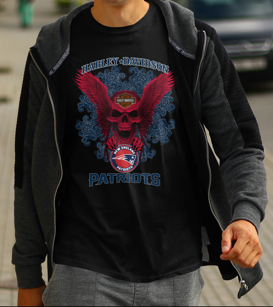 Harley Davidson New England Patriots Nfl Skulls And Wings T-Shirt