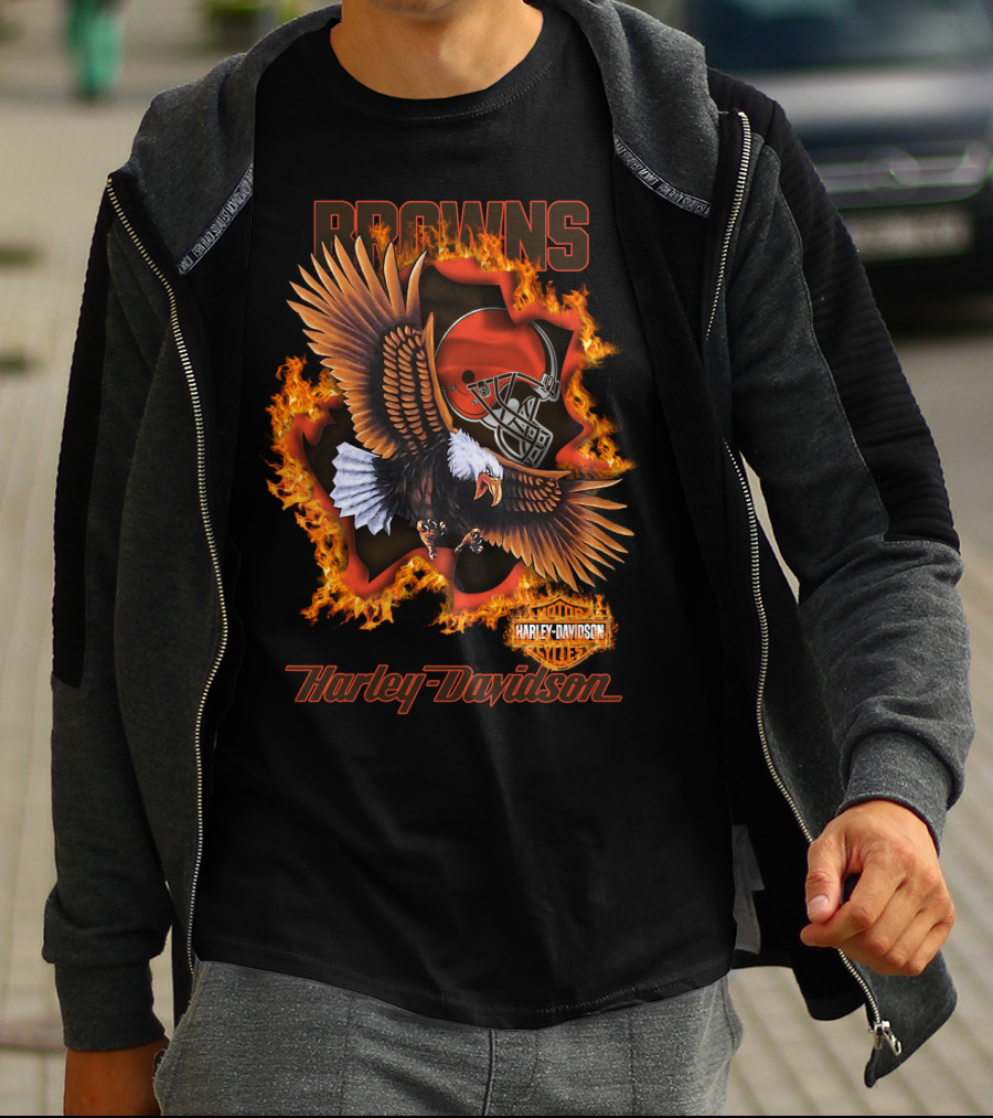 Browns Harley Davidson Nfl 84 Cleveland Browns Eagle Helmet Flames T-Shirt