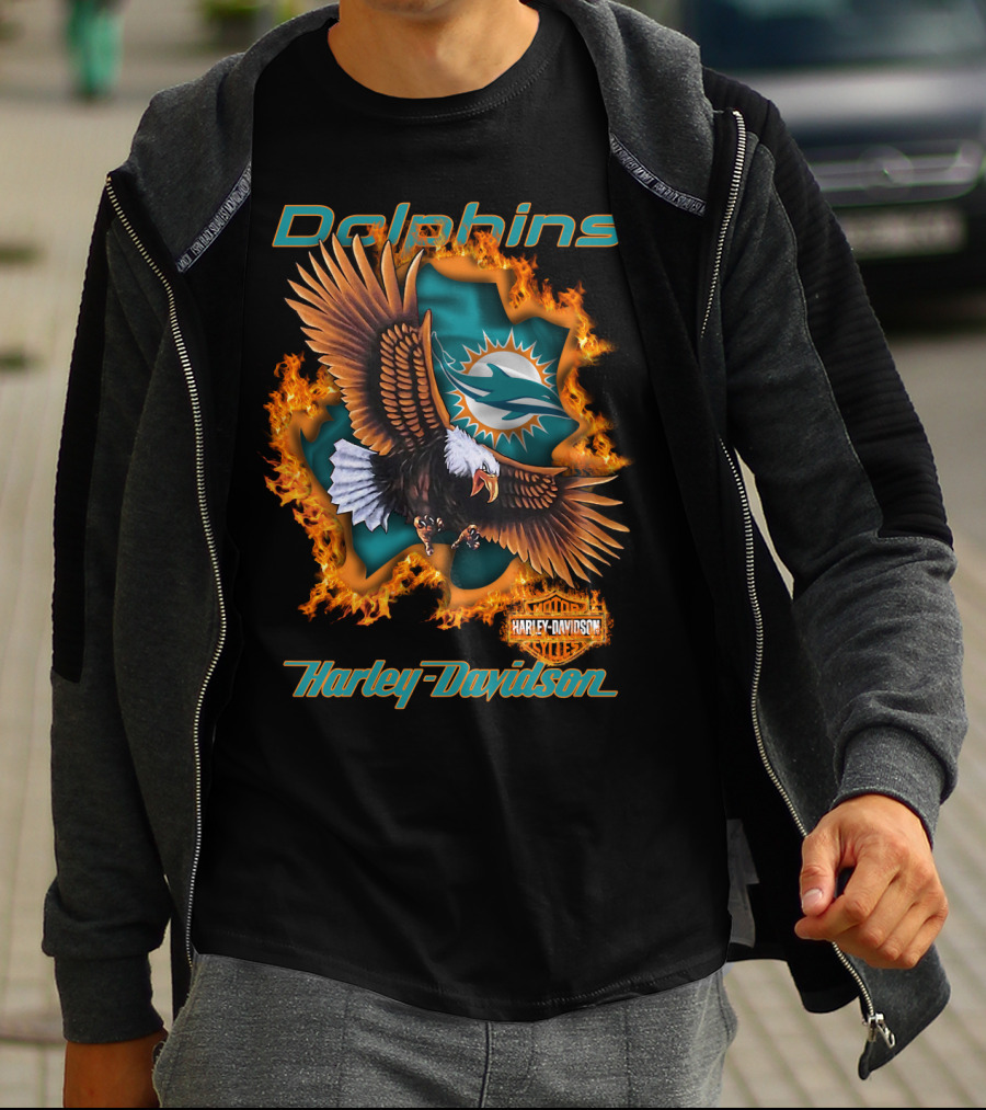 Miami Dolphins Harley Davidson Nfl 84 Bald Eagle Flames T-Shirt