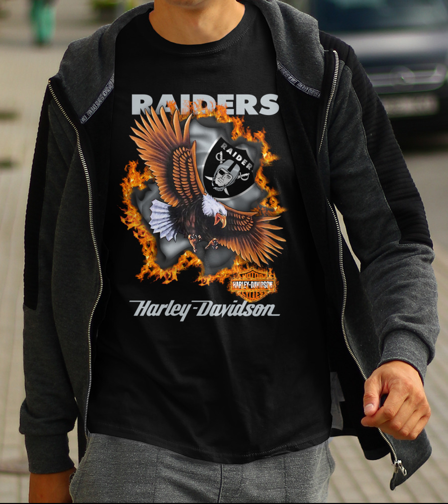Raiders Harley Davidson Eagle Flames Nfl 84 Oakland Raiders T-Shirt
