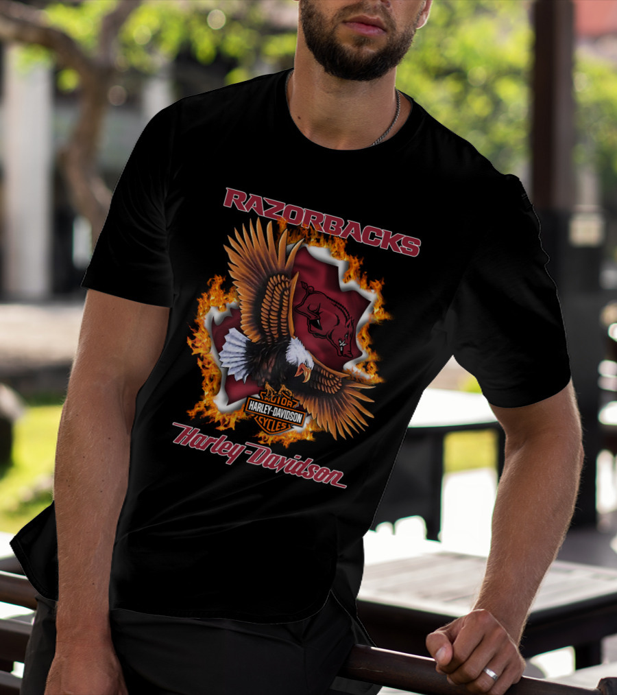 Razorbacks Harley Davidson Cycles Eagle And Flame T-Shirt