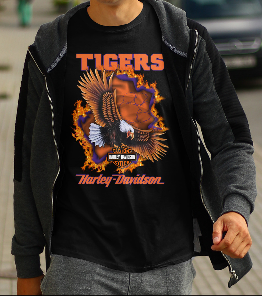 Tigers Harley Davidson Cycles Eagle Flames T-Shirt
