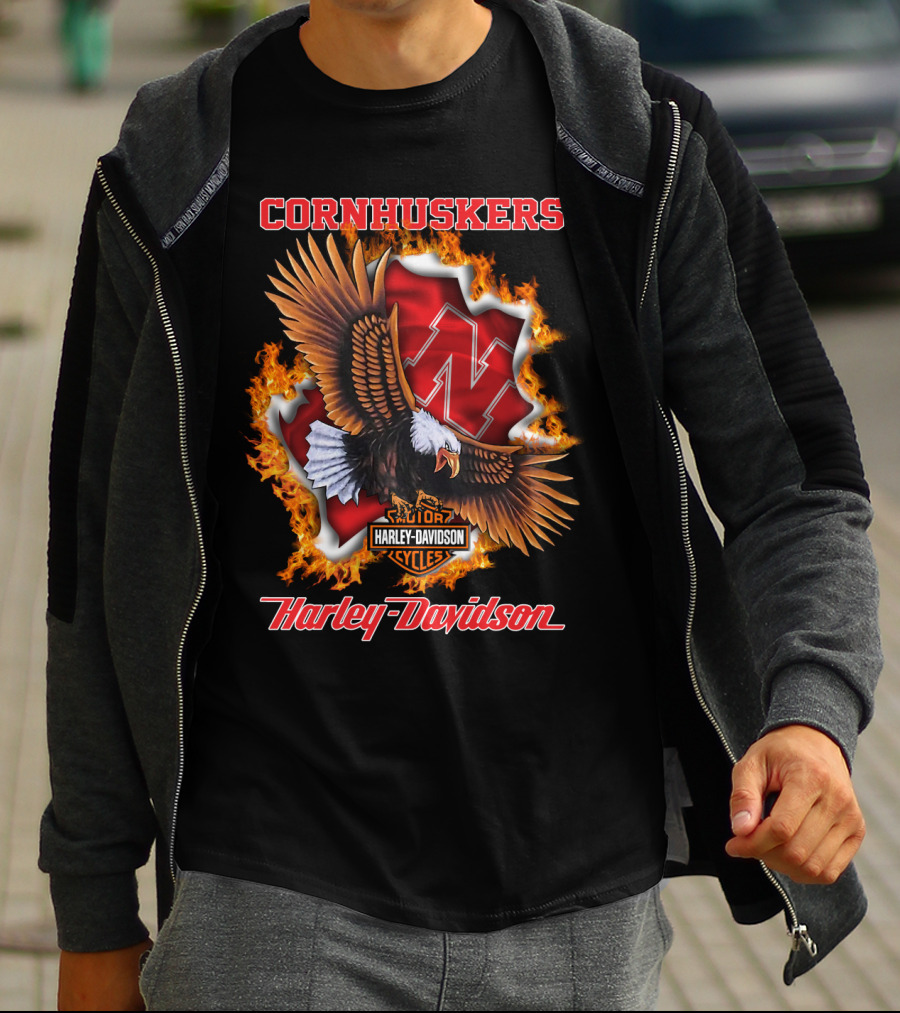 Cornhuskers Harley Davidson Ncaa Nebraska Eagles Flame T-Shirt