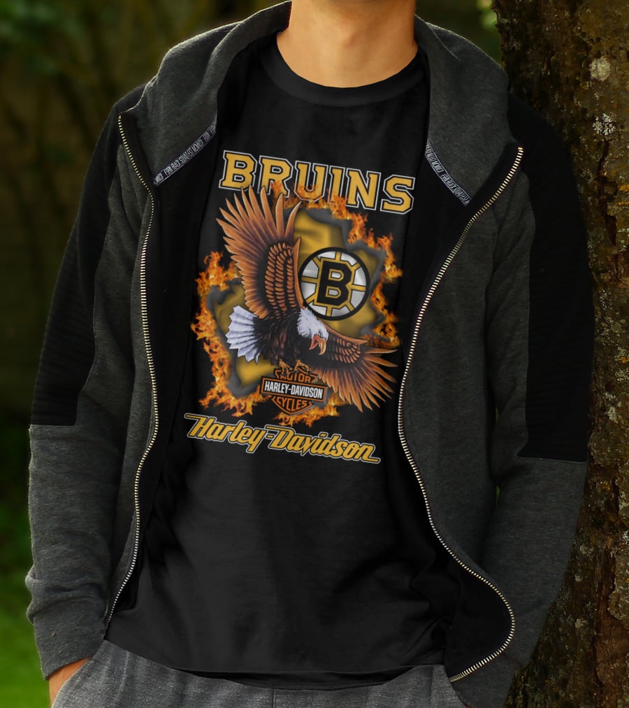Boston Bruins Harley Davidson Cycles Eagle Flames T-Shirt