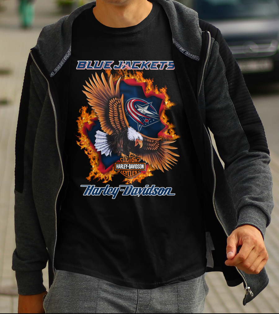Blue Jackets Harley Davidson Columbus Nhl Cycles Eagle Flame T-Shirt