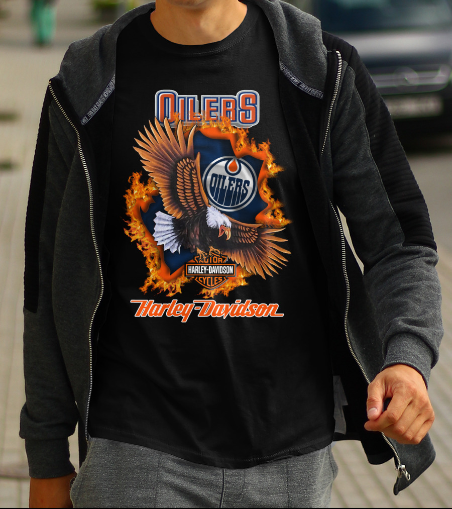 Oilers Edmonton Oilers Harley Davidson Cycles Eagle Flame T-Shirt