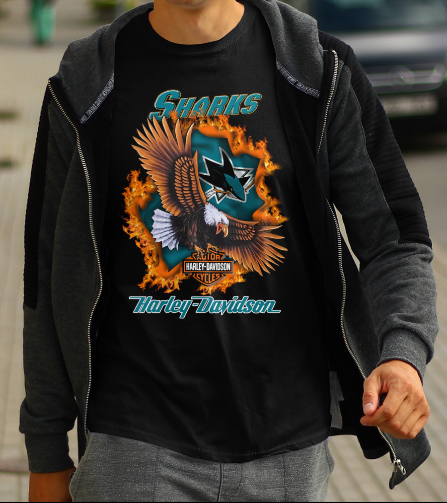 San Jose Sharks Harley Davidson Cycles Eagle Flame T-Shirt