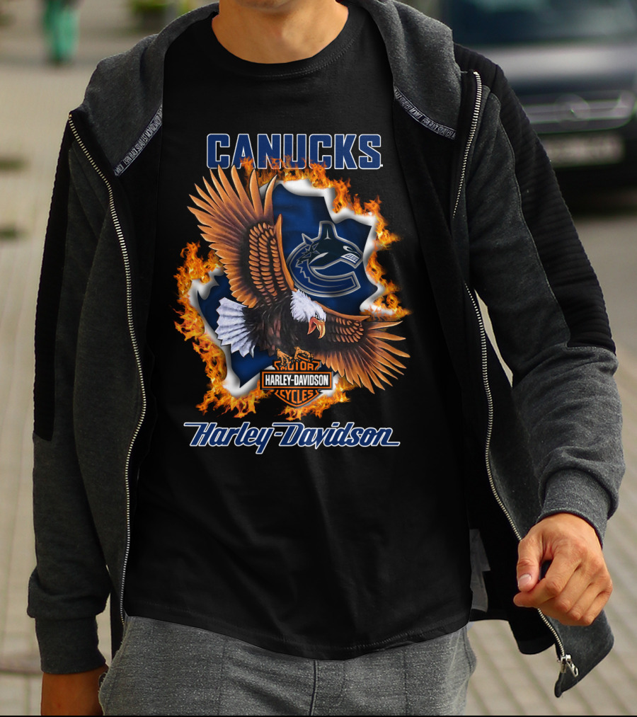 Canucks Harley Davidson Nhl Vancouver Cycles Eagle Flame T-Shirt
