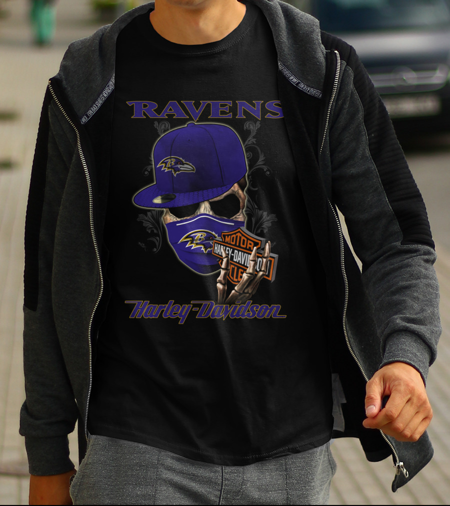 Ravens Harley Davidson Nfl Baltimore Skeleton Mask And Cap T-Shirt