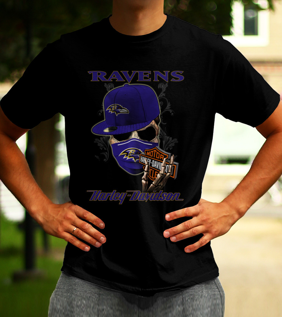 Ravens Harley Davidson Nfl Baltimore Skeleton Mask And Cap T-Shirt