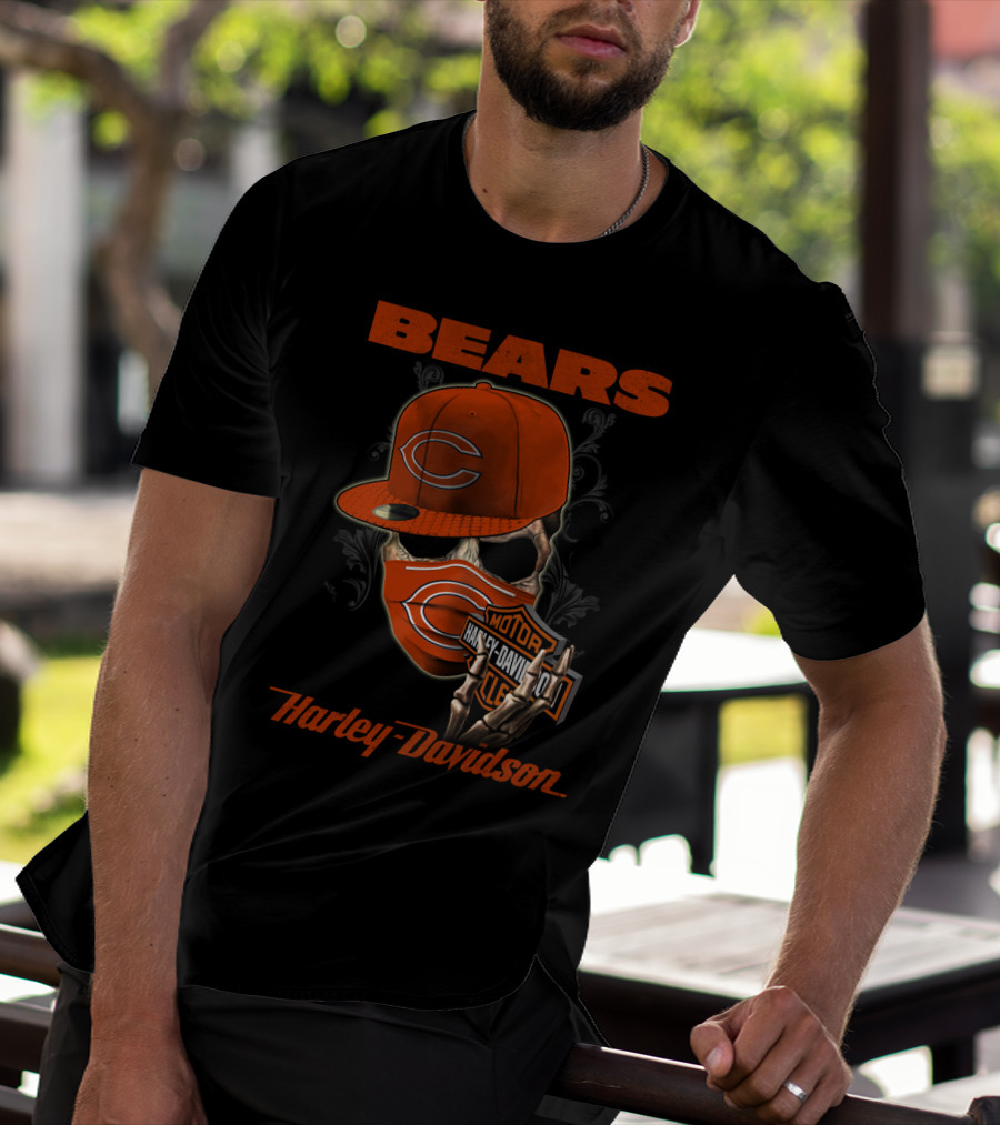 Bears Harley Davidson Skull Motif With Chicago Cap T-Shirt