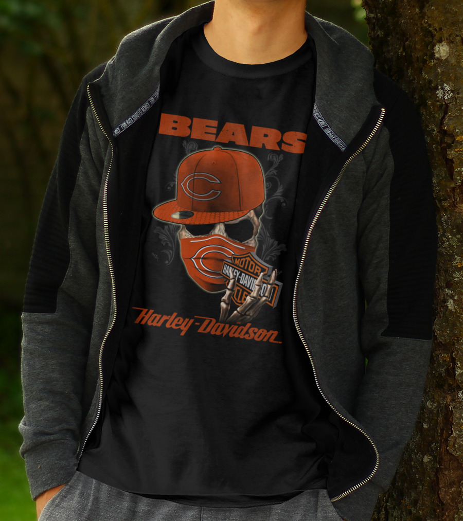 Bears Harley Davidson Skull Motif With Chicago Cap T-Shirt
