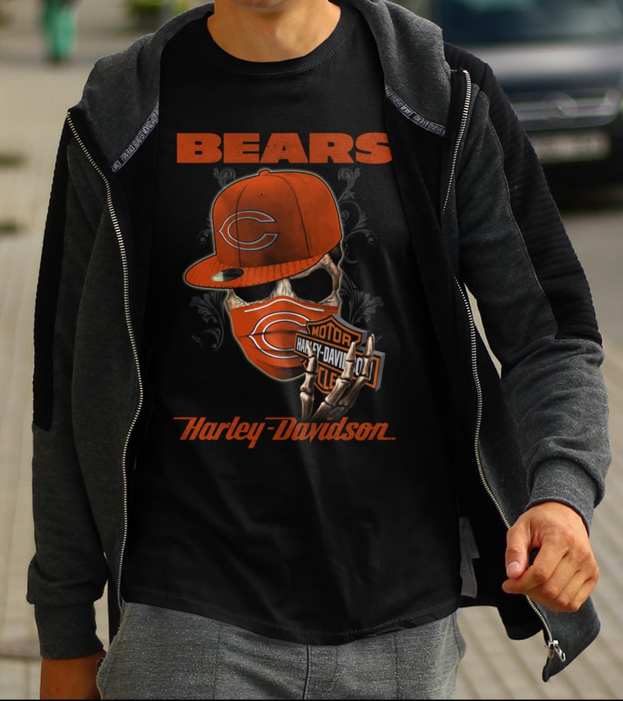 Bears Harley Davidson Skull Motif With Chicago Cap T-Shirt