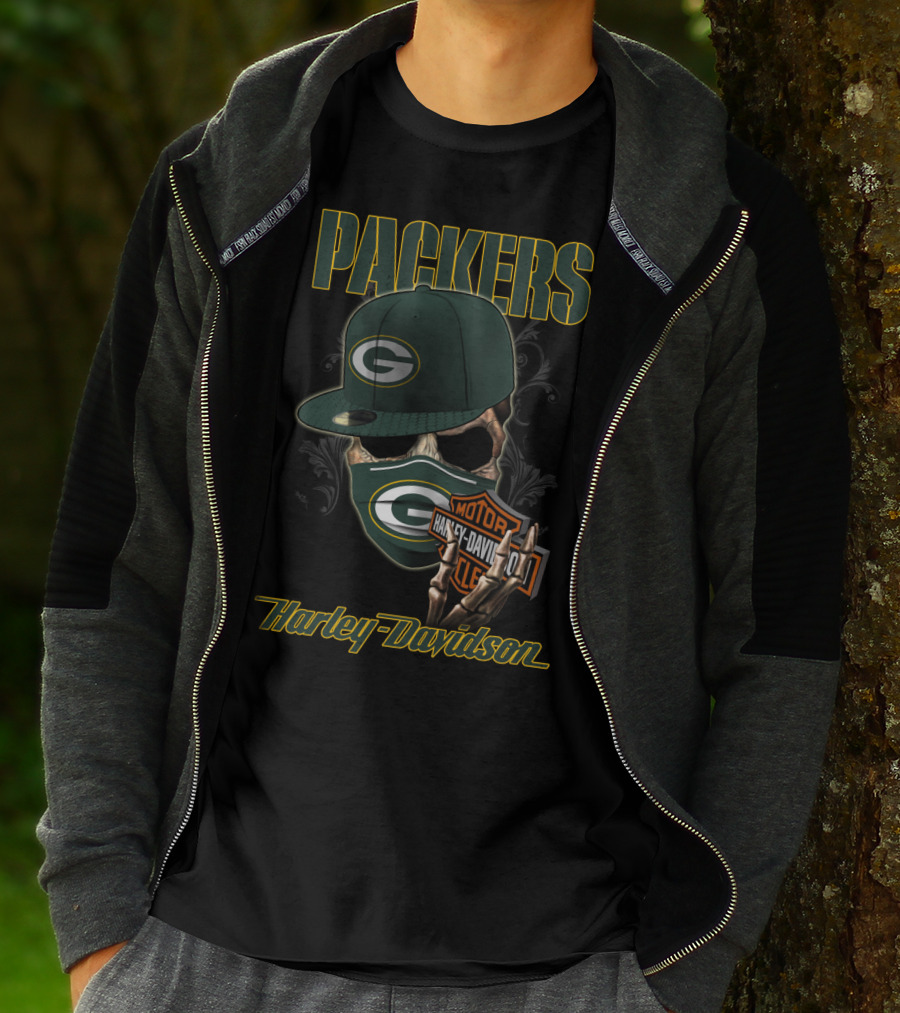 Packers Harley Davidson Skull With Green Bay Packers Cap And Bandana T-Shirt