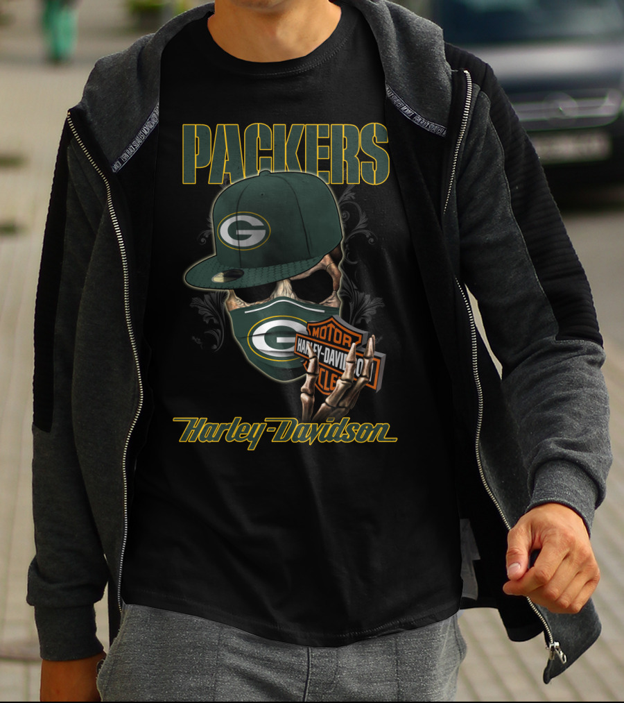 Packers Harley Davidson Skull With Green Bay Packers Cap And Bandana T-Shirt