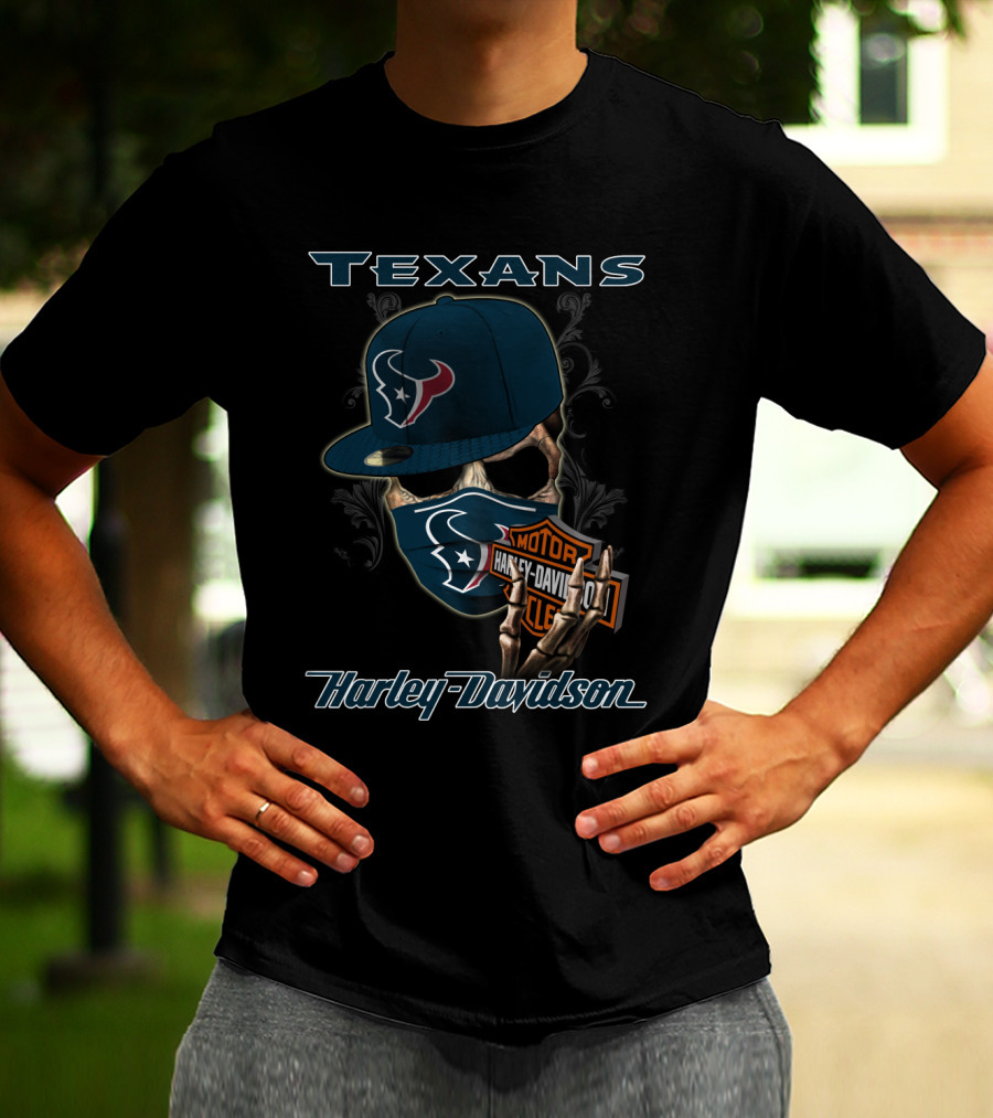 Texans Harley Davidson Skull With Cap And Bandana Nfl Houston Texans T-Shirt