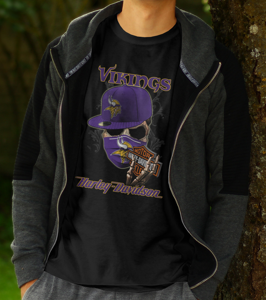 Vikings Harley Davidson Skeleton Wearing Nfl Minnesota Vikings Hat And Mask T-Shirt