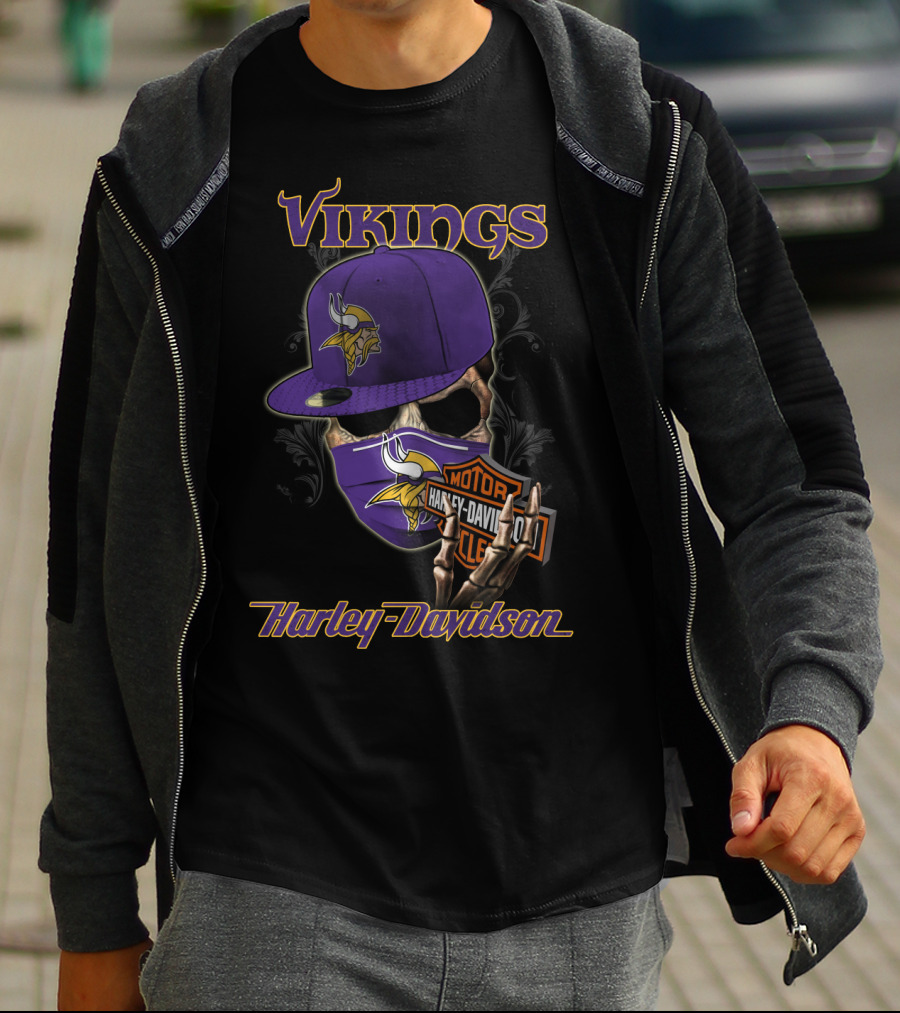 Vikings Harley Davidson Skeleton Wearing Nfl Minnesota Vikings Hat And Mask T-Shirt