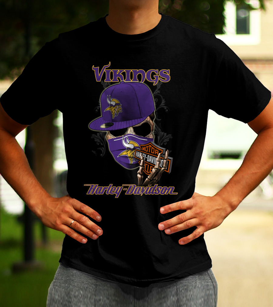 Vikings Harley Davidson Skeleton Wearing Nfl Minnesota Vikings Hat And Mask T-Shirt