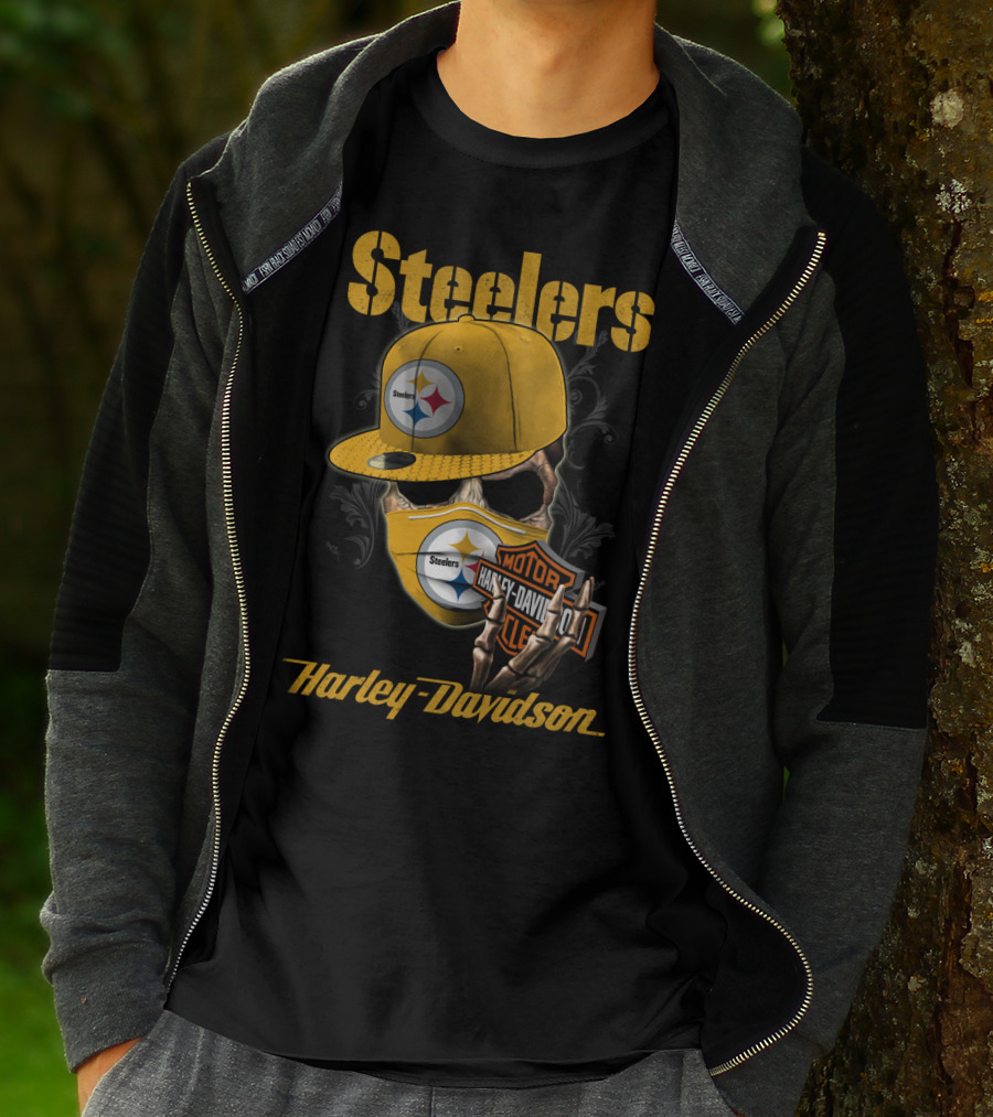 Steelers Harley Davidson Skull With Cap And Motorcycle T-Shirt