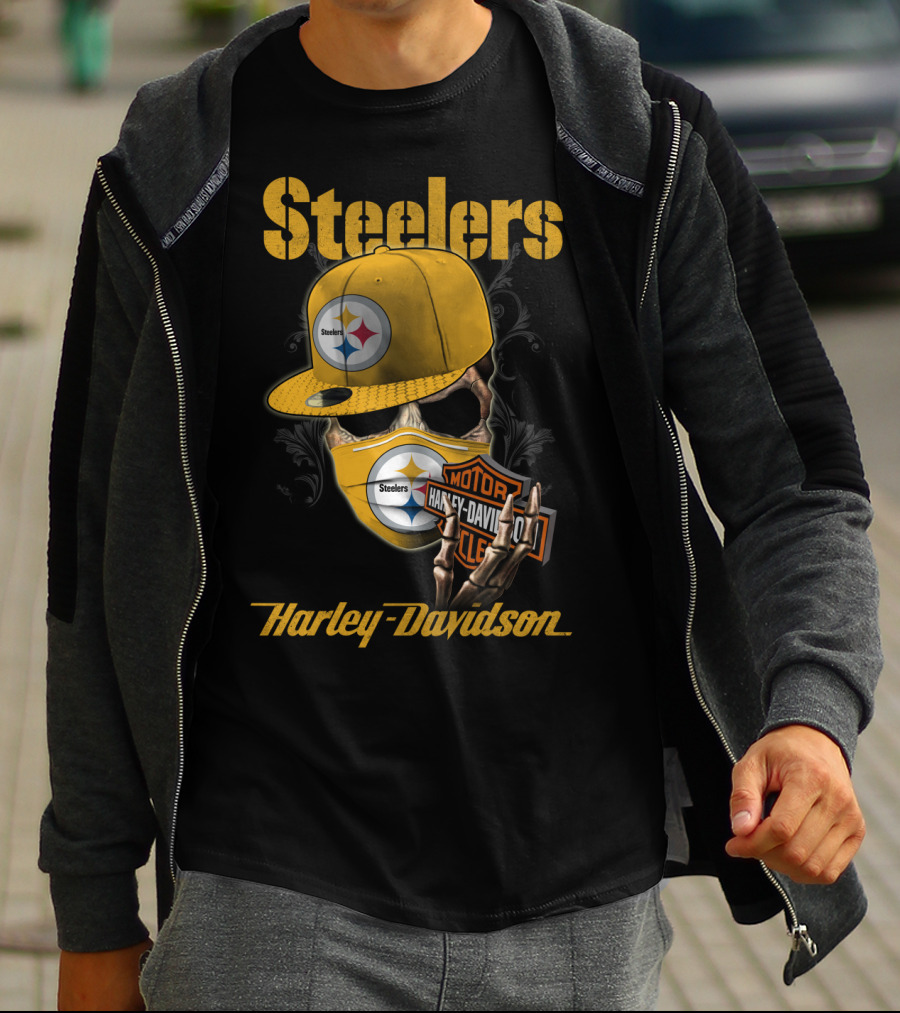 Steelers Harley Davidson Skull With Cap And Motorcycle T-Shirt