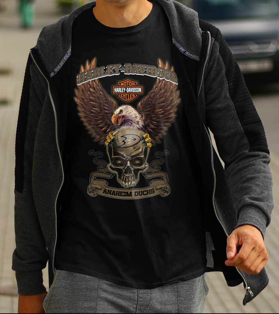 Harley Davidson Motor Cycles Eagle Skull Anaheim Ducks T-Shirt