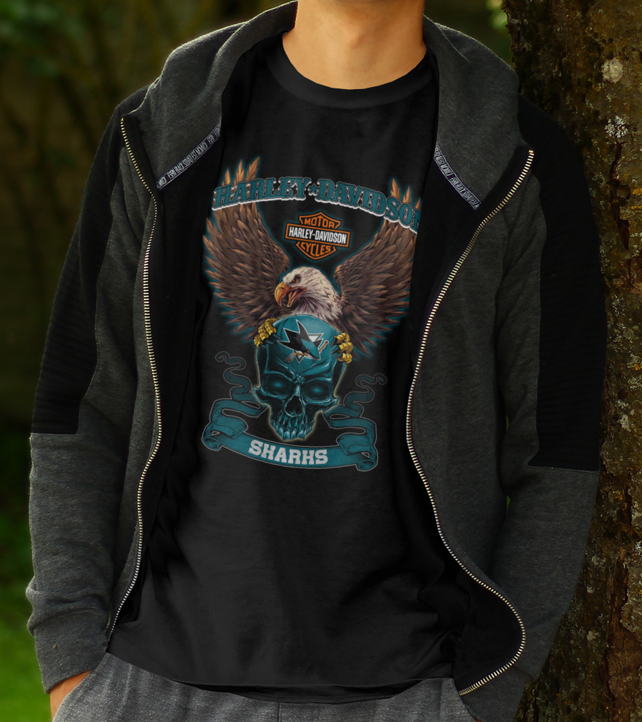 Harley Davidson Sharks Motor Cycles Eagle Skull T-Shirt