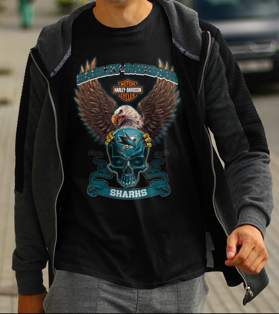 Harley Davidson Sharks Motor Cycles Eagle Skull T-Shirt