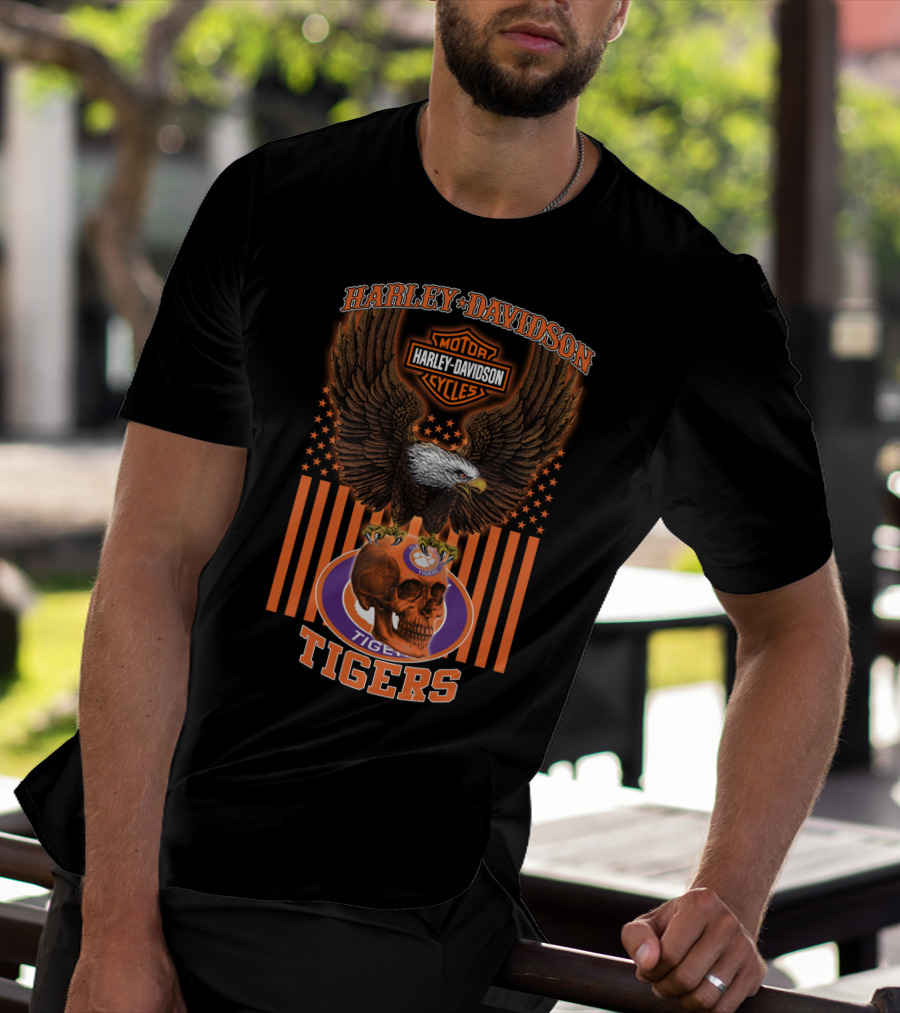 Harley Davidson Motor Cycles Eagle Clemson Tigers Skulls T-Shirt