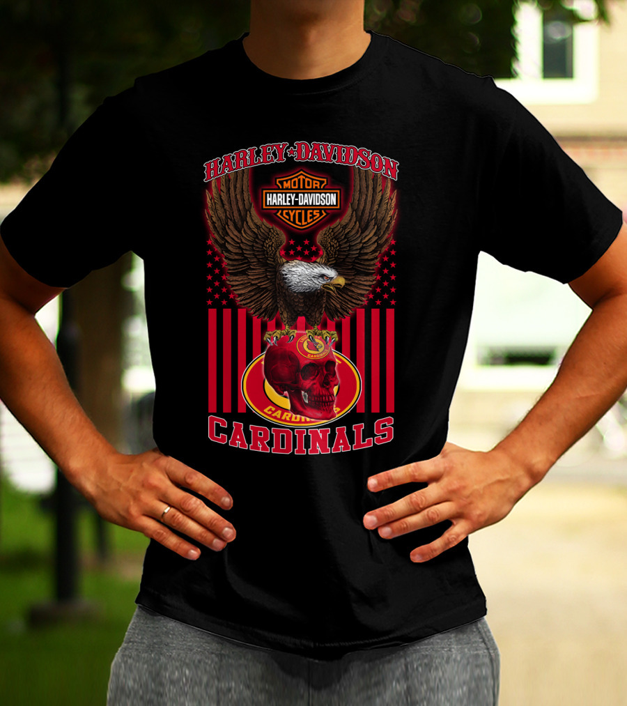 Harley Davidson Motor Cycles Eagle With Louisville Cardinals Skull And Stars T-Shirt