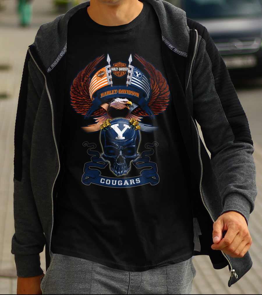 Motor Harley Davidson Cougars Byu Y Skull And Eagle Wings T-Shirt