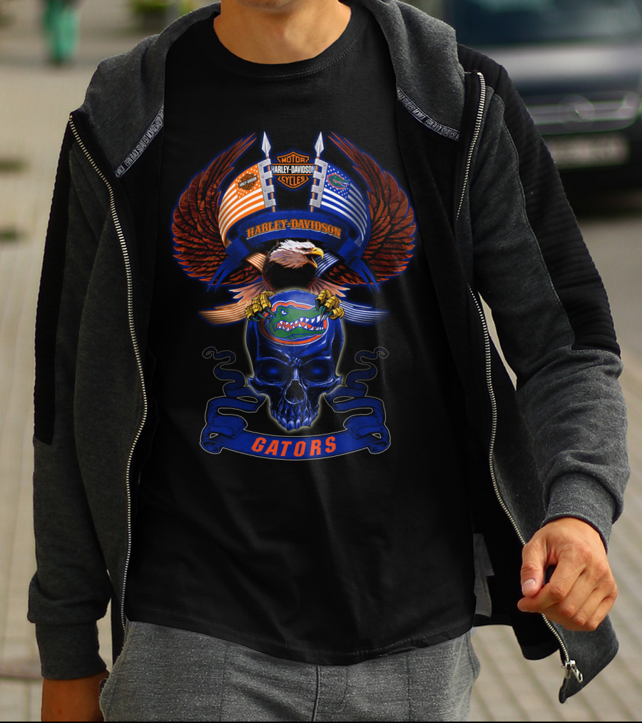 Harley Davidson Motor Cycles Florida Gators Eagle Skull T-Shirt