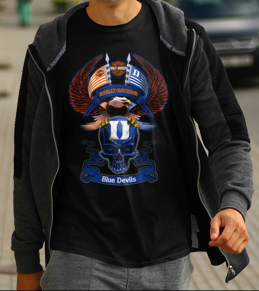 Harley Davidson Motor Cycles Eagle Skull Blue Devils T-Shirt