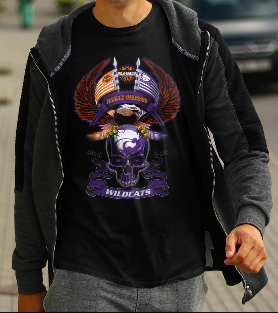 Harley Davidson Motor Cycles Kansas State Wildcats Bald Eagle Skull Wings T-Shirt