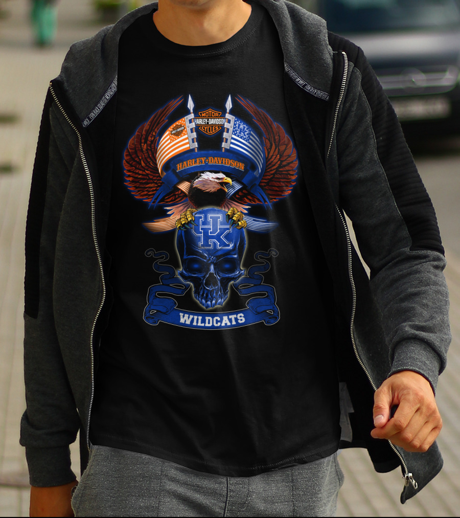 Harley Davidson Kentucky Wildcats Skull And American Flag Eagle T-Shirt