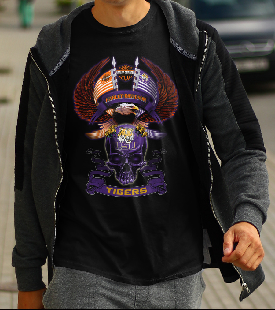 Harley Davidson Lsu Tigers Eagle And Skull Motorcycle Lifestyle T-Shirt