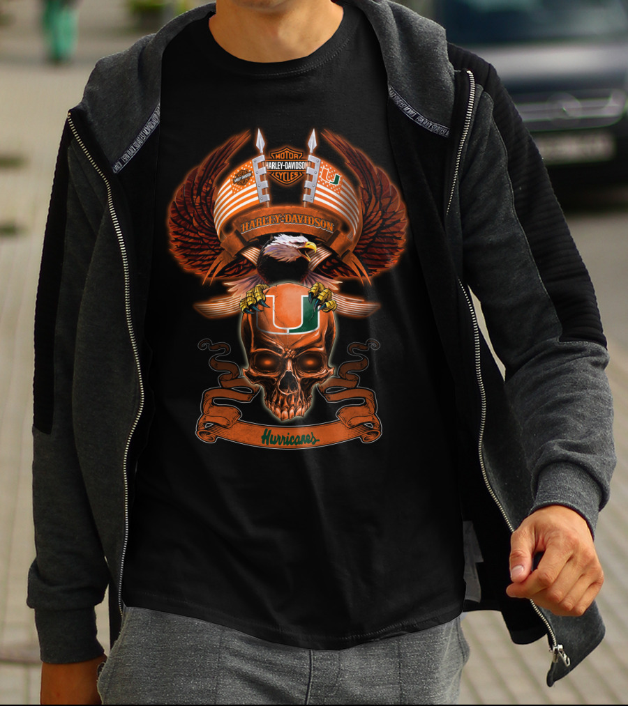 Harley Davidson Motorcycles Miami Hurricanes Eagle Skull T-Shirt