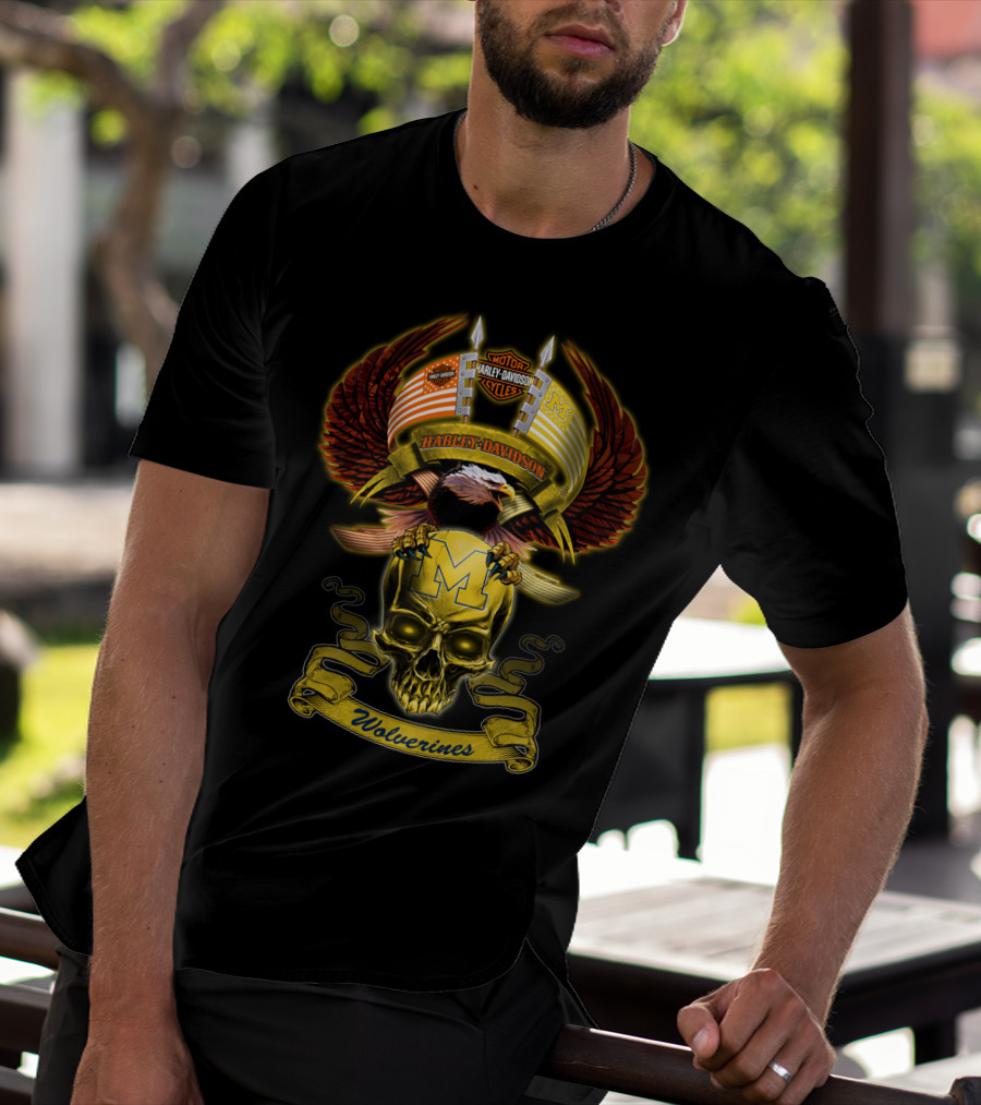 Motorcycles Harley Davidson Michigan Wolverines M Skull Eagle Wings T-Shirt