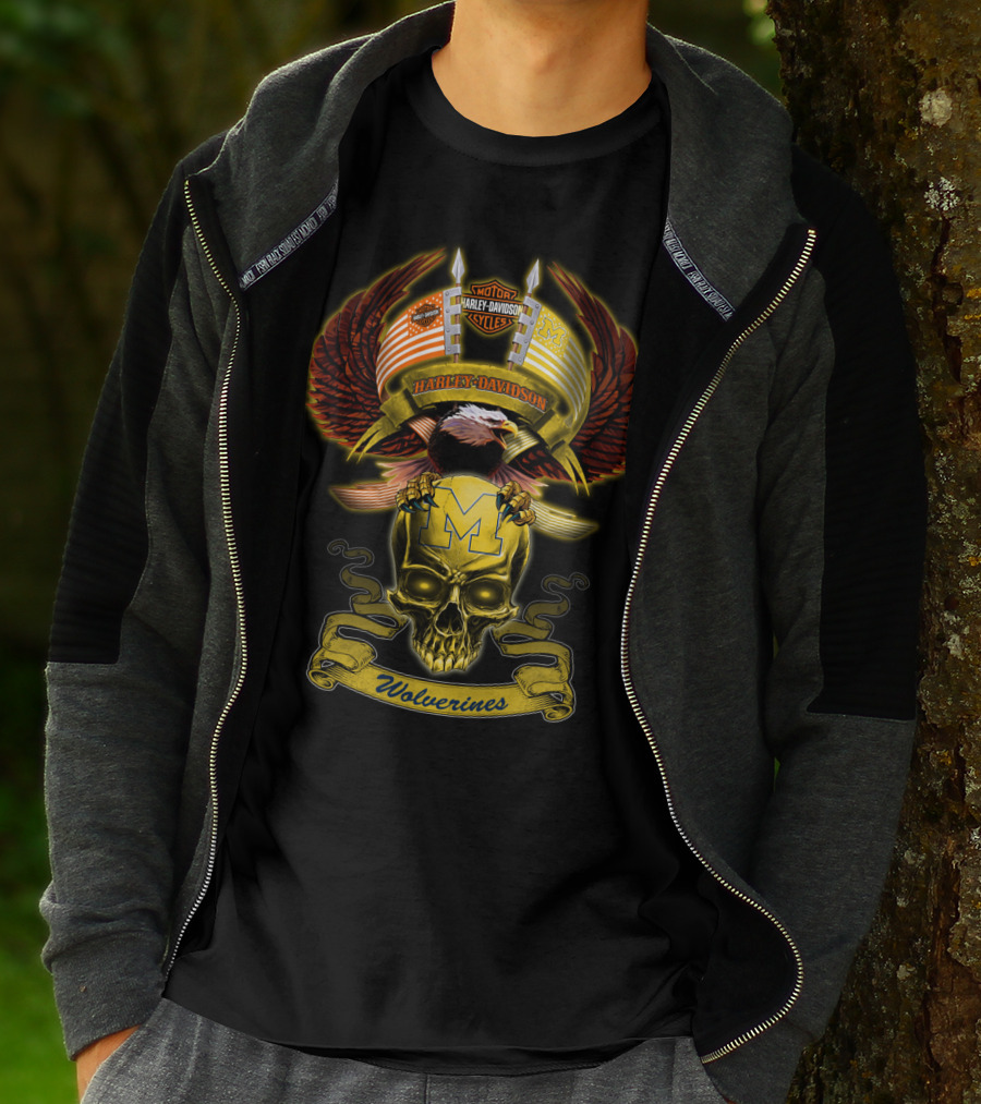 Motorcycles Harley Davidson Michigan Wolverines M Skull Eagle Wings T-Shirt
