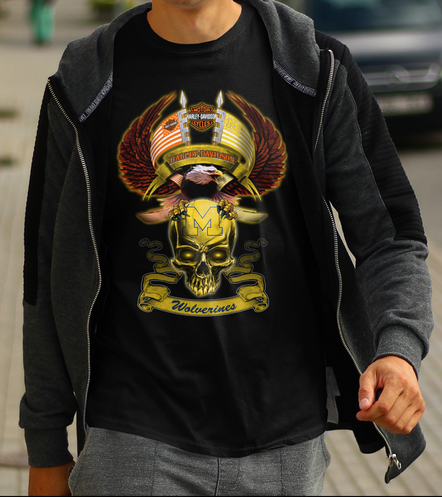 Motorcycles Harley Davidson Michigan Wolverines M Skull Eagle Wings T-Shirt