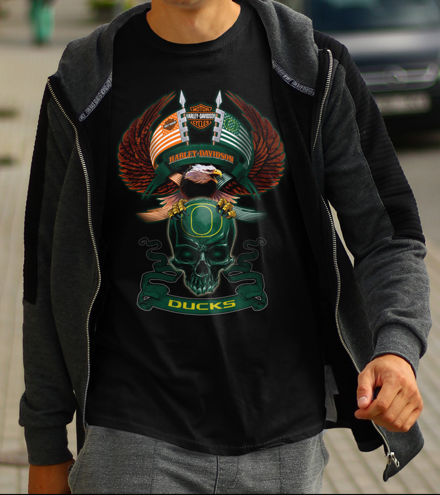 Harley Davidson Motorcycles Oregon Ducks Eagle And Skull T-Shirt