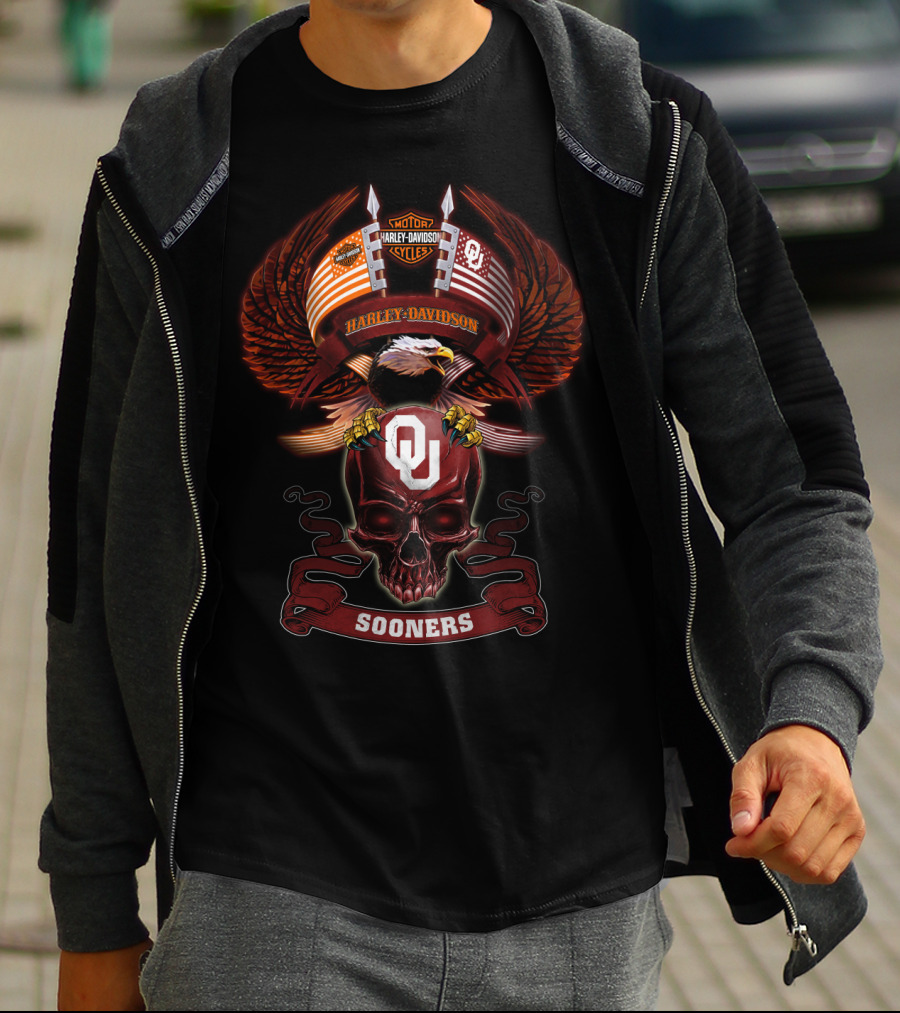 Harley Davidson Motor Cycles Oklahoma Sooners Ou Bald Eagle American Flag Skulls T-Shirt