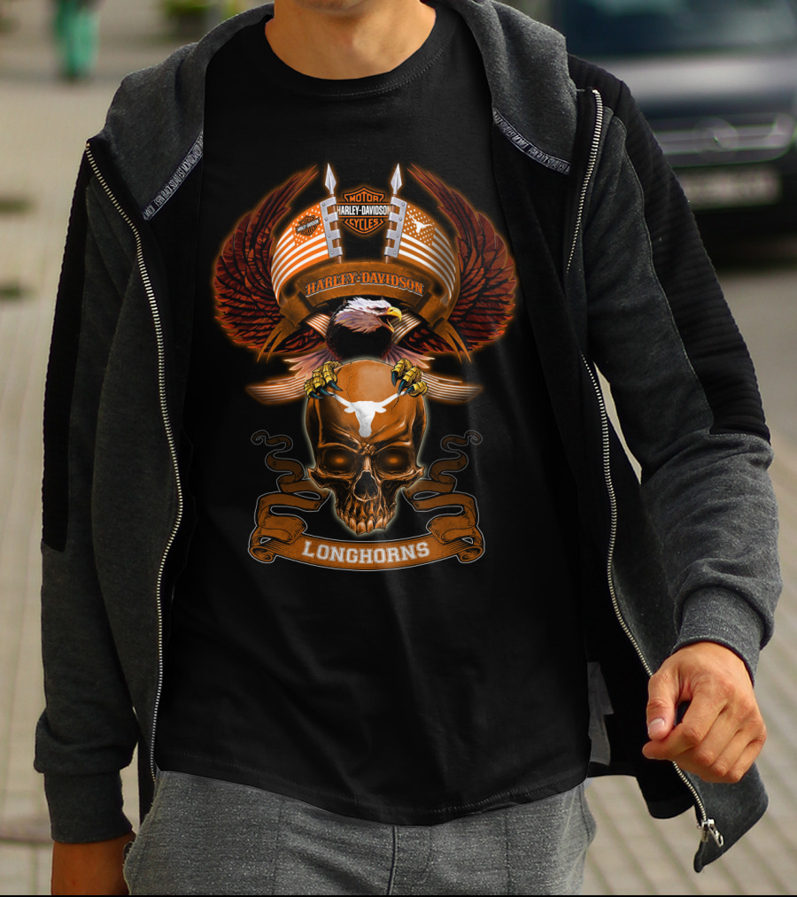 Harley Davidson Texas Longhorns Eagle Skull Wings T-Shirt