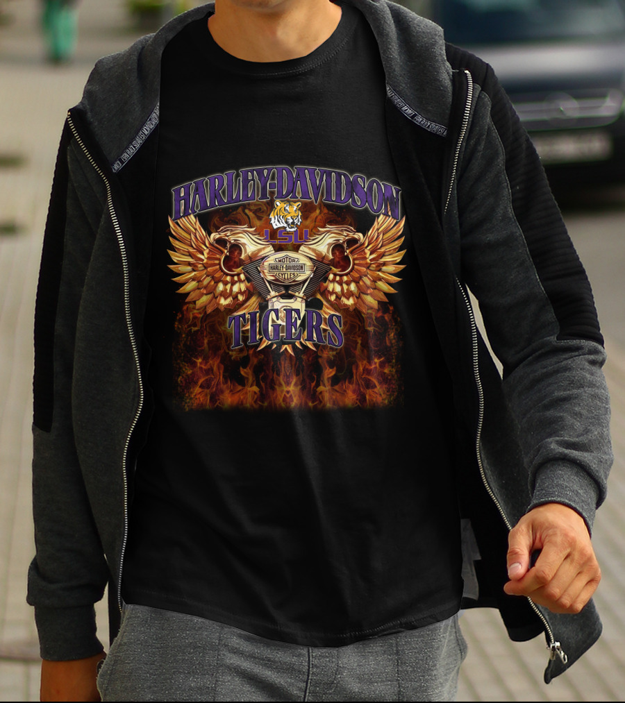 Harley Davidson Lsu Tigers Winged Engine Flame T-Shirt